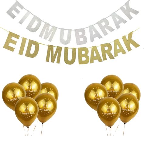 Eid Mubarak Balloons Gold Glitter Banner Muslim Ramadan Decoration