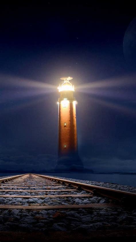 Beautiful Lighthouse At Night Train Tracks Lighthouse Lighting