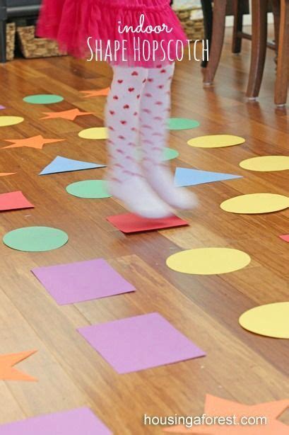 Finding activities for toddlers at home is challenging. Shape Hopscotch. This is a fun activity for identifying ...