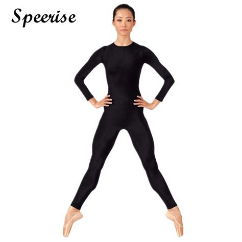 Speerise Adult Long Sleeve Black Unitards Women Crew Neck Gymnastics Spandex Dance Unitard
