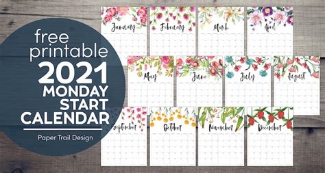 printable  floral calendar monday start paper