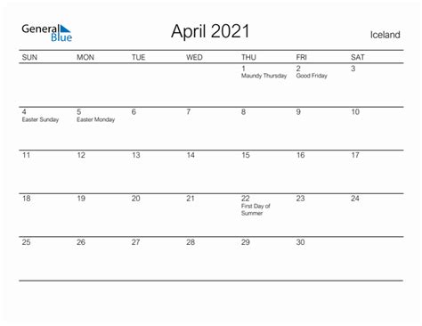 April 2021 Monthly Calendar With Iceland Holidays