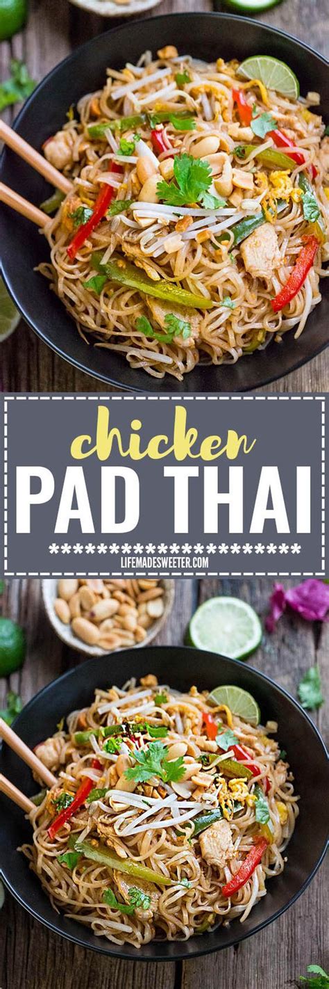 Rice noodles are tossed with chicken, peanuts, garlic and simple homemade sauce for a ridiculously delicious chicken pad thai! Easy and Authentic Chicken Pad Thai makes the perfect ...