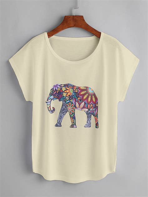 Shop Cap Sleeve Elephant Print Tshirt Online Shein Offers Cap Sleeve