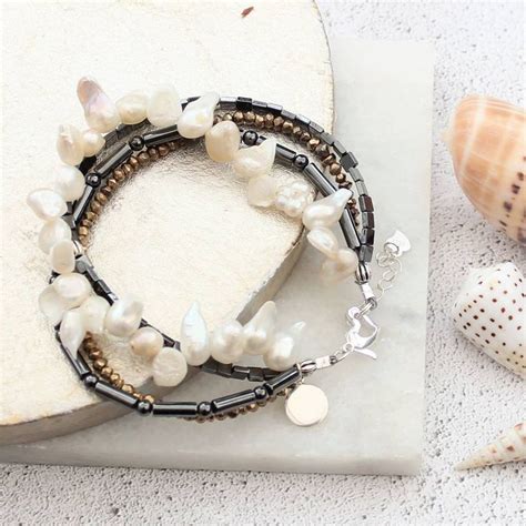 Hematite And Pearl Layered Bracelet Stack By Bish Bosh Becca White
