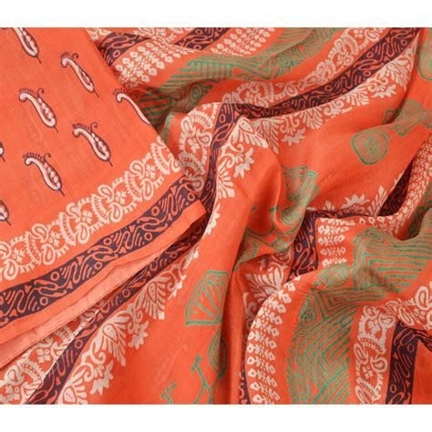 Vintage Sari 100 Pure Silk Orange Sarees Printed 5yd Fabric Etsy