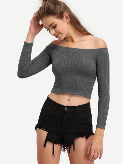 Off The Shoulder Ribbed Long Sleeve Top Greyfor Women Romwe