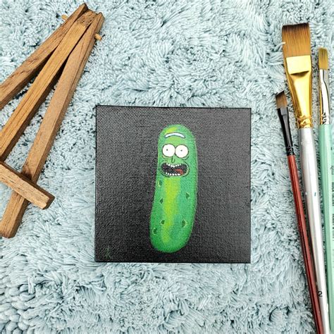 Pickle Rick Painting On Mini Canvas 4x4 Inches With Easel Etsy