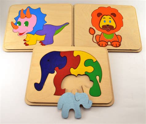 Set Of 3 Wooden Puzzle Baby Toddler Toys Montessori Toy Wooden Etsy