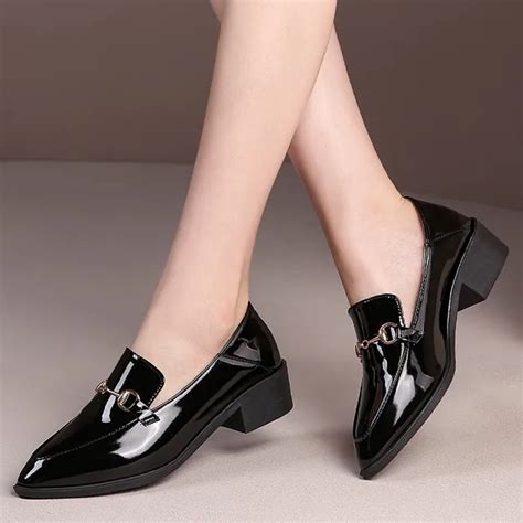 Women Oxford Shoes 2019 Spring Autumn Black Loafers Low Heels Metal Slip On Shoes Patent Leather