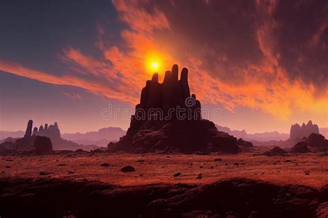 Alien Planet Desert Landscape Dramatic Sundown At Golden Hour 3d