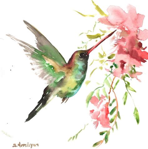 Hummingbird Original Watercolor Painting 12 X 12 In Pink