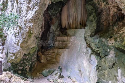 Limestone Like Staircase Inside Cave In Deep Forest Stock
