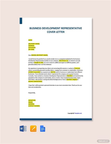 This cover letter example is a great representation of what a hiring manager is looking for in a medical representative cover letter resume. Free Business Development Representative Cover Letter ...