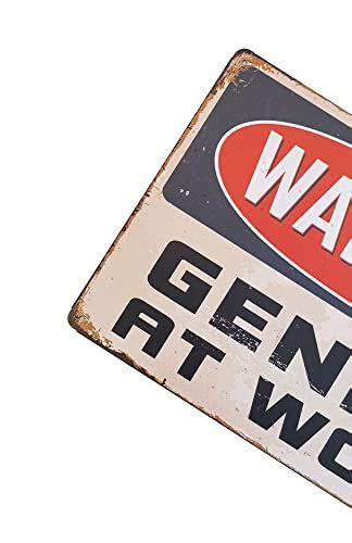 Erlood Warning Genius At Work Tin Sign Wall Retro Metal Bar Pub Poster Vintage Decor 12 X 8