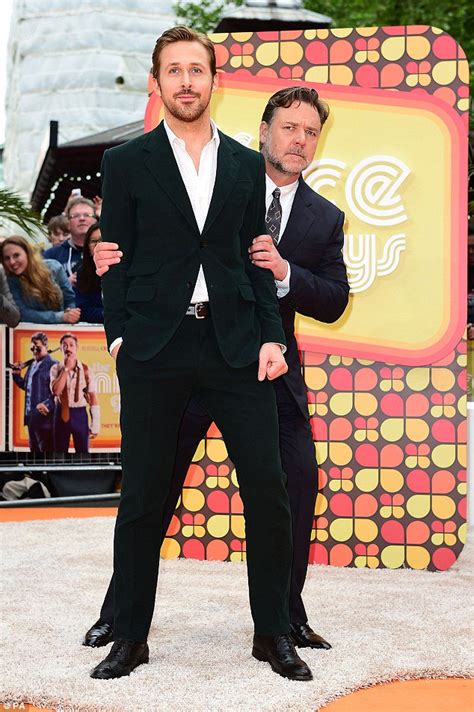 ryan gosling and russell crowe are in playful mood on the nice guys uk premiere in london