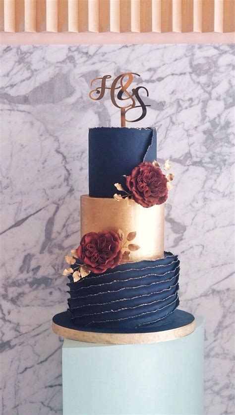 Navy Blue And Gold Textured Wedding Cake Three Tier Wedding Cake