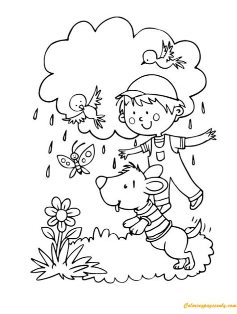 A Boy And A Dog Playing Outside Coloring Page Free Coloring