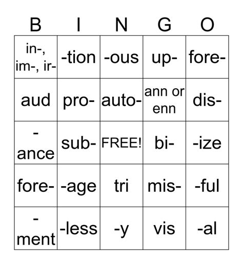Prefix Suffix And Root Bingo Card