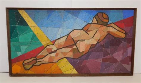 Mid Century S Vtg Painting Abstract Cubism Modern Nude Pool Bath