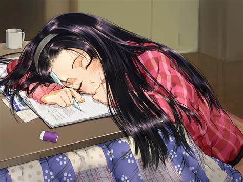 Wallpaper Studying Sleeping Dark Hair Anime Girls 1400x1050 Hoongs 1365031 Hd