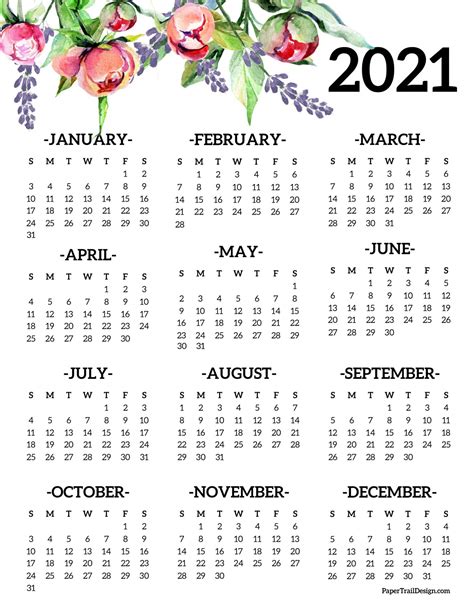 19+ Year At A Glance Calendar 2021 Free Printable
 Pictures