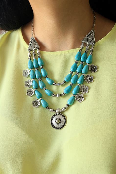 Turquoise Silver Necklace Multi Strand Turquoise Necklace