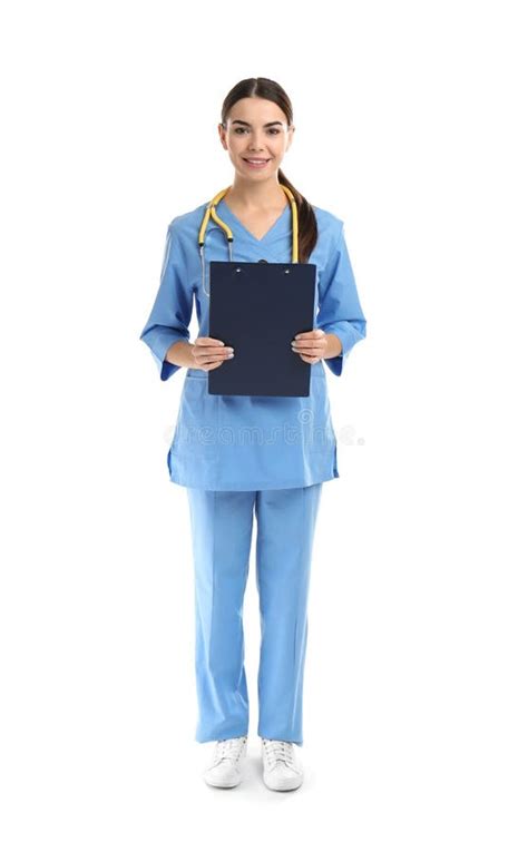 Full Length Portrait Of Medical Assistant With Stethoscope And Clipboard Stock Image Image Of