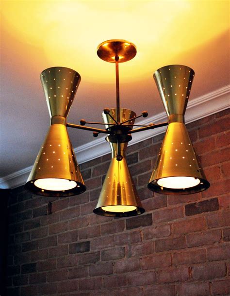 Mid Century Modern Atomic Brass Stilnovo Double Cone Ceiling Lamp Mid