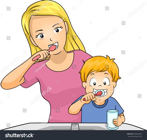 Illustration Mom Brushing Her Teeth Together Stock Vector Royalty Free