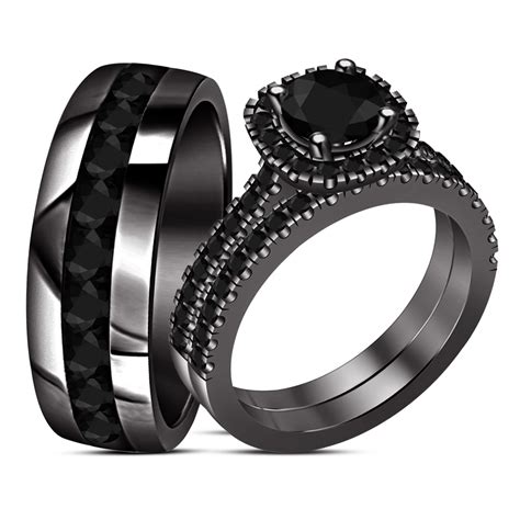 Bride And Groom Diamond Engagement Ring Trio Set Black Gold Plated Pure