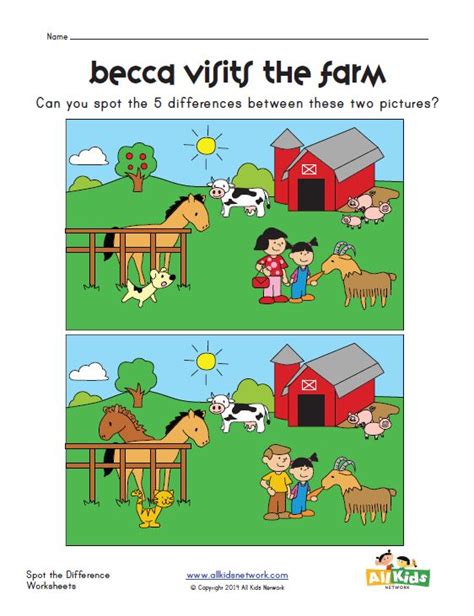 The task is to print the worksheet and find all the the easiest worksheets have only three differences to be found but the harder ones even up to fifteen! Spot the Difference on the Farm Worksheet