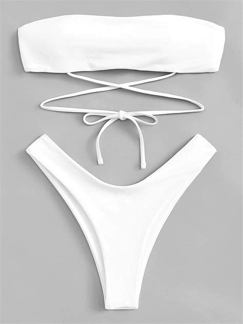 white swimsuit self tie bandeau top with high leg bikini bottom bikinis white bikinis white