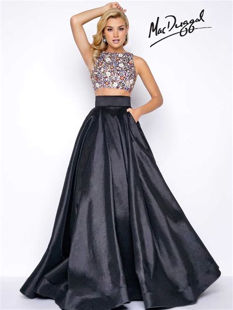 High Neck Two Piece Prom Dress With Fully Beaded Top And Satin Ball Gown Skirt With Pockets