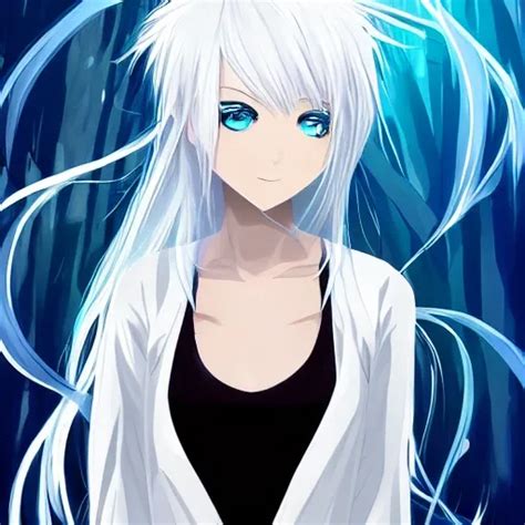 Anime Woman White Hair Black Blue Eyes Arthub Ai
