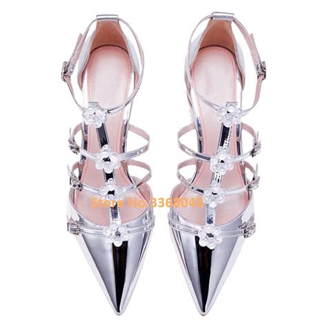 popular mirror sexy ladies shoes pointed toe multi buckle t strap solid silver nude red block