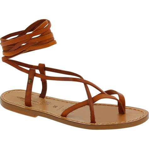 Womens Brown Leather Flat Strappy Sandals Handmade In Italy The