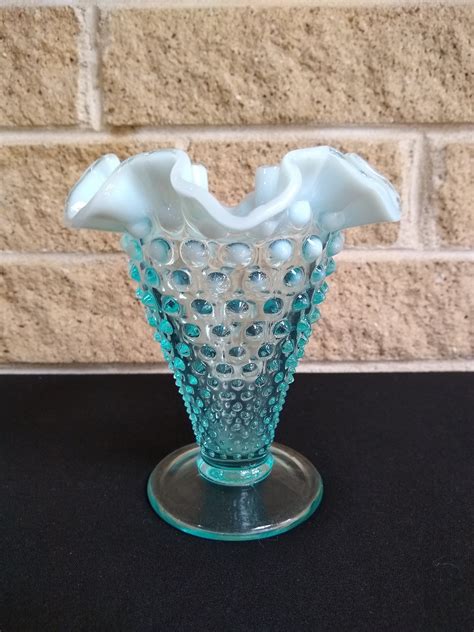 Fenton Blue Opalescent Crimped Hobnail Cone Shaped Vase Light Blue