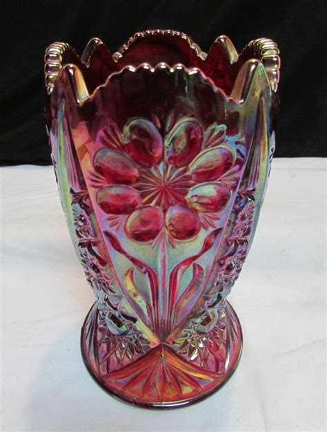 Imperial Sunset Ruby Red Carnival Glass Vase Flower 474 Floral Pattern Carnival Glass Crystal