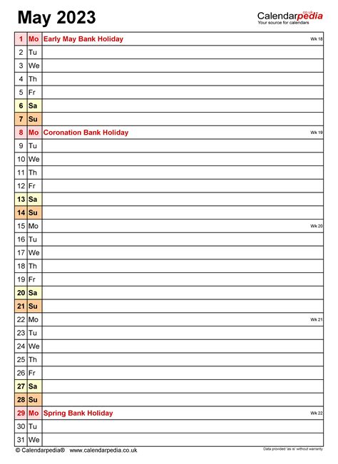 Calendar May 2023 Uk With Excel Word And Pdf Templates