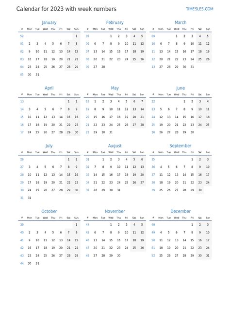 2023 Calendar With Week Numbers Printable Printable Word Searches