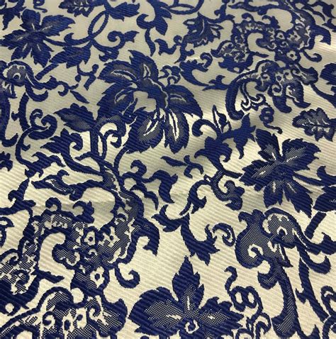 Blue And White Floral Silk Brocade Fabric Etsy