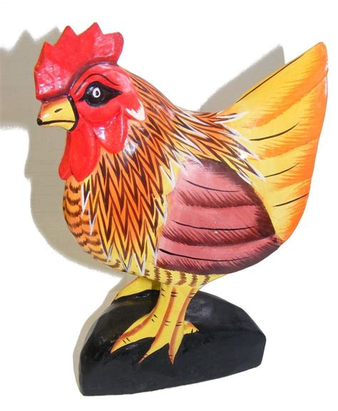 Hand Carved Hand Painted Wooden Hen Chicken Statue Carving