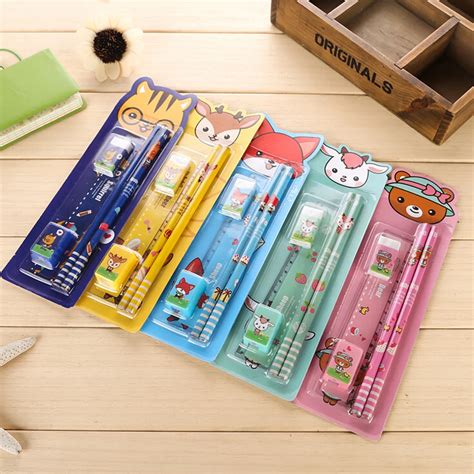5pcspack Stationery Set Pencil Rubber Ruler Sharper Cute Cartoon Kids