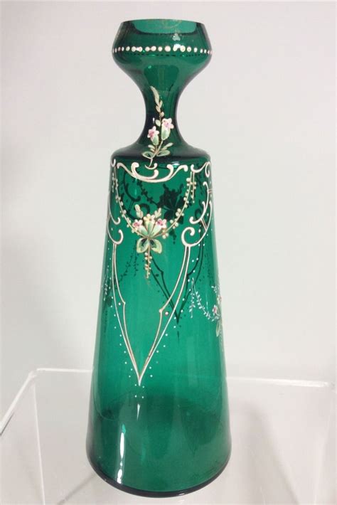 Victorian Moser Glass Dark Green Vase Hand Painted Moser Glass Green Vase Antique Moser Glass