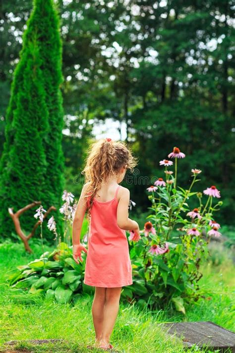 Милая маленькая девочка стоящ и мечтающ на саде в теплом Стоковое Фото изображение