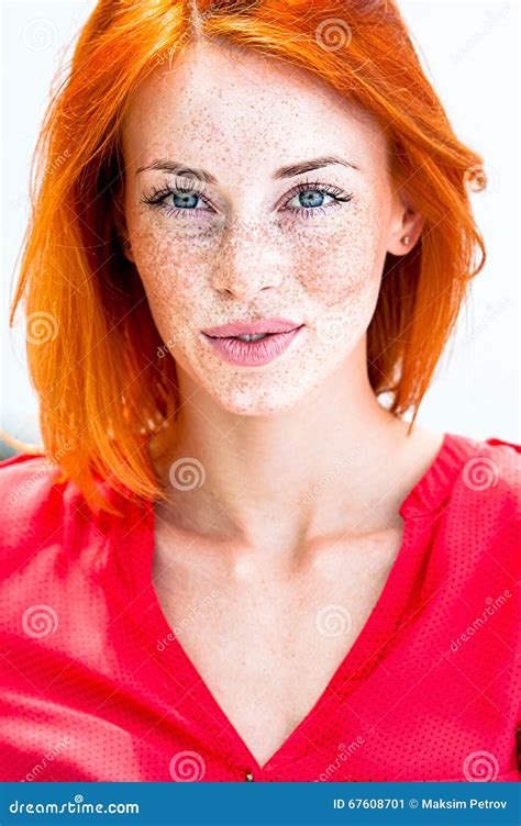 Beautiful Redhead Freckled Woman Smiling Seductive Biting Lips Stock Image Image 67608701