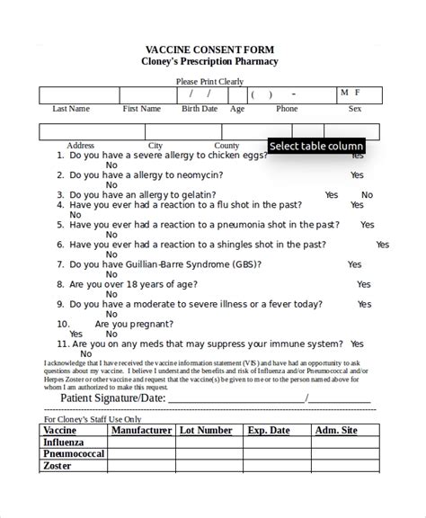 sample vaccine consent form templates   ms word