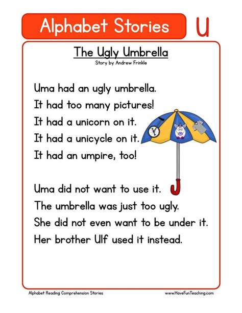 Alphabet Stories Letter U Reading Comprehension Worksheet Have Fun