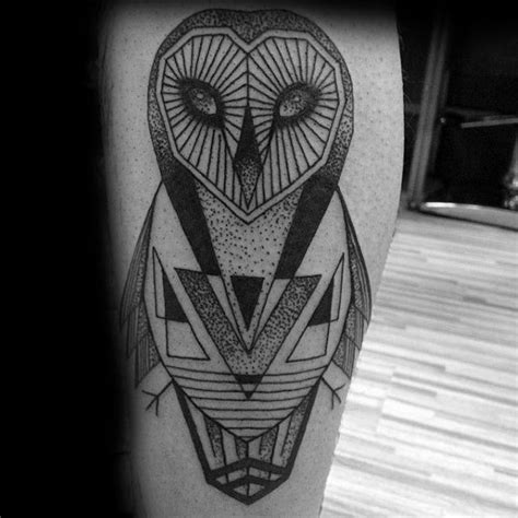 An Owl Tattoo On The Leg With Geometric Shapes And Lines In Black And
